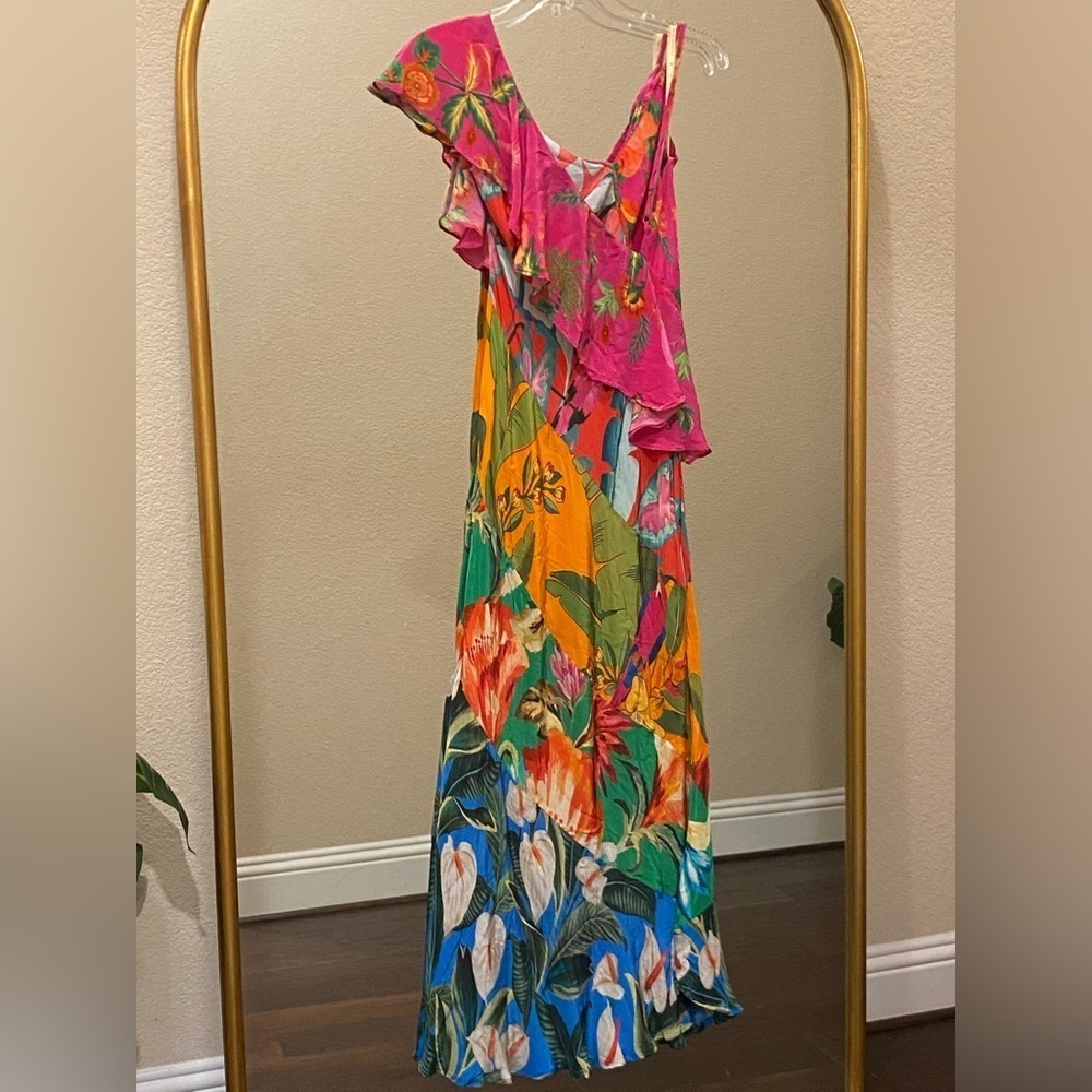 FARM Rio Mixed Flowery Ruffle One Shoulder Midi Dress Size M - Picture 8 of 16